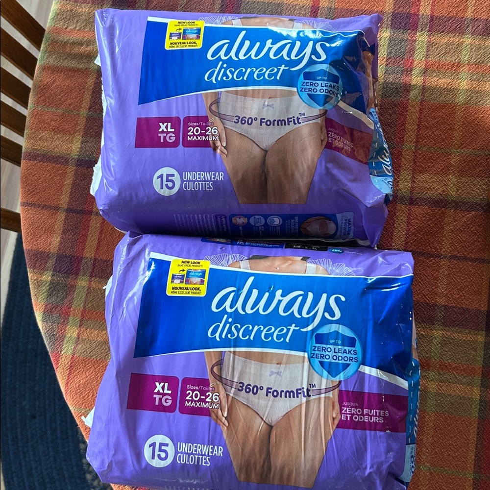 Two (15 ct ea.)Always Discreet underwear packs